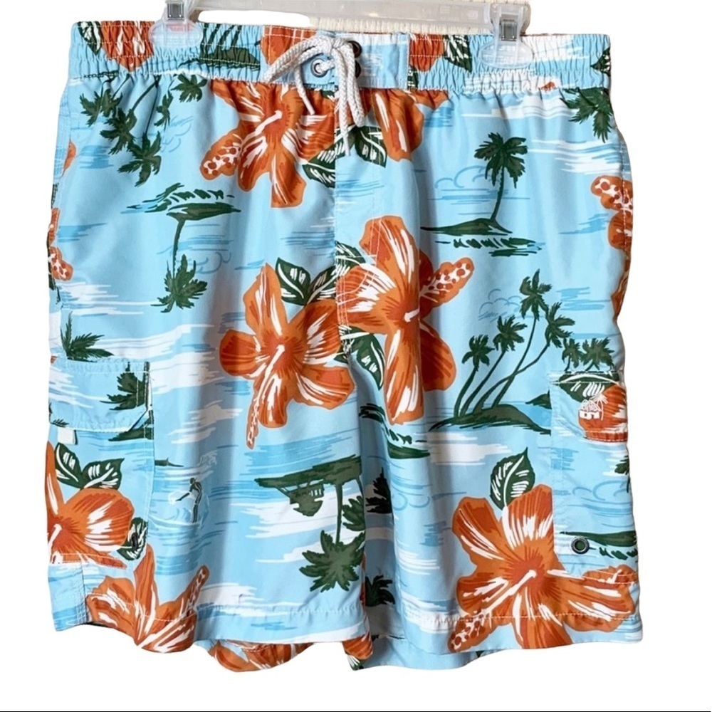 Caribbean Joe Tropical Print  Swim Trunks Blue/Orange Sz L